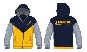Team hooded jacket from best Minneapolis printing company. Front of jacket is yellow and black. The sleeves are gray. Back of Jacket has custom text. 